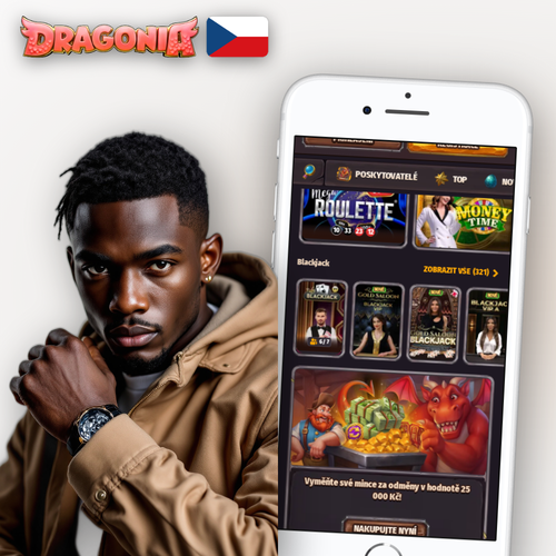 Dragonia Casino aplikace na smartphonu s tlačítkem ke stažení a dračím motivem