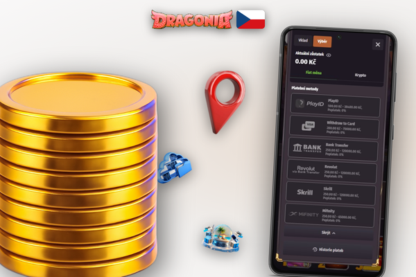 Rozhraní pokladny Dragonia Casino s polem pro částku výběru a výběrem metody